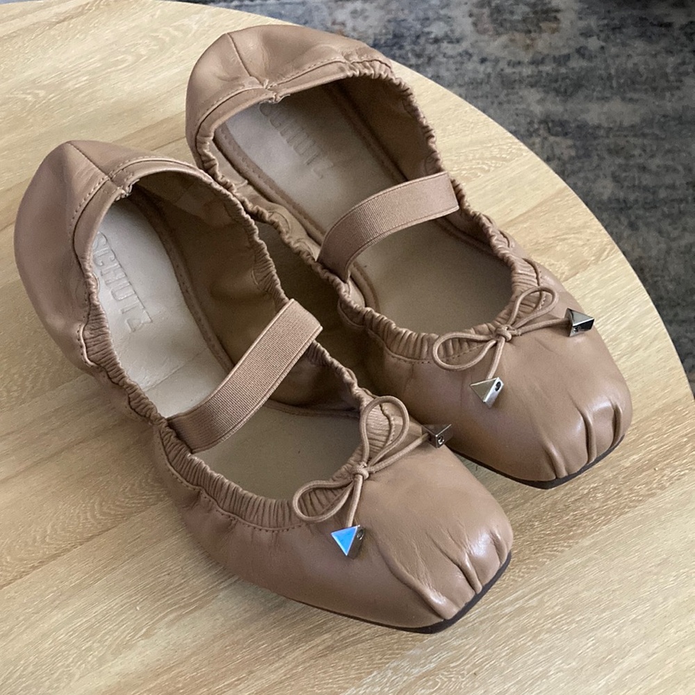 Schutz Fanny Leather Ballet Flats Tan Nude Brown Strap Scrunchy size 8